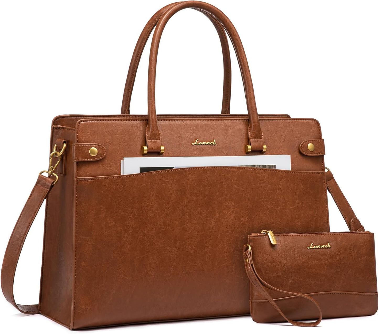 LOVEVOOK 17 Inch Laptop Tote Bag For Women Teacher Work Bag, Leather Computer Bags For Laptops For Women, Vintage Waterproof Laptop Bag Business Briefcase Office Large Shoulder Handbag Purse, Brown