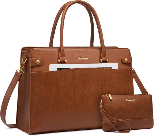LOVEVOOK 17 Inch Laptop Tote Bag For Women Teacher Work Bag, Leather Computer Bags For Laptops For Women, Vintage Waterproof Laptop Bag Business Briefcase Office Large Shoulder Handbag Purse, Brown