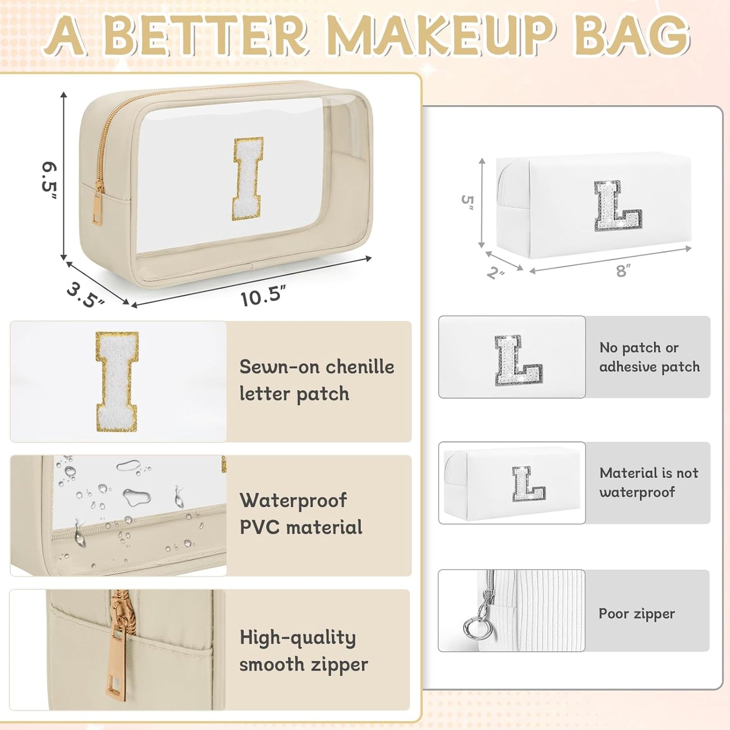 Personalized Initial Clear Makeup Bag, Travel Chenille Patch Cosmetic Bag, Preppy Toiletry Bag Monogram Cosmetic Pouch with Zipper, Ideal Gift for Teen Girls Women (Clear-Beige, I)