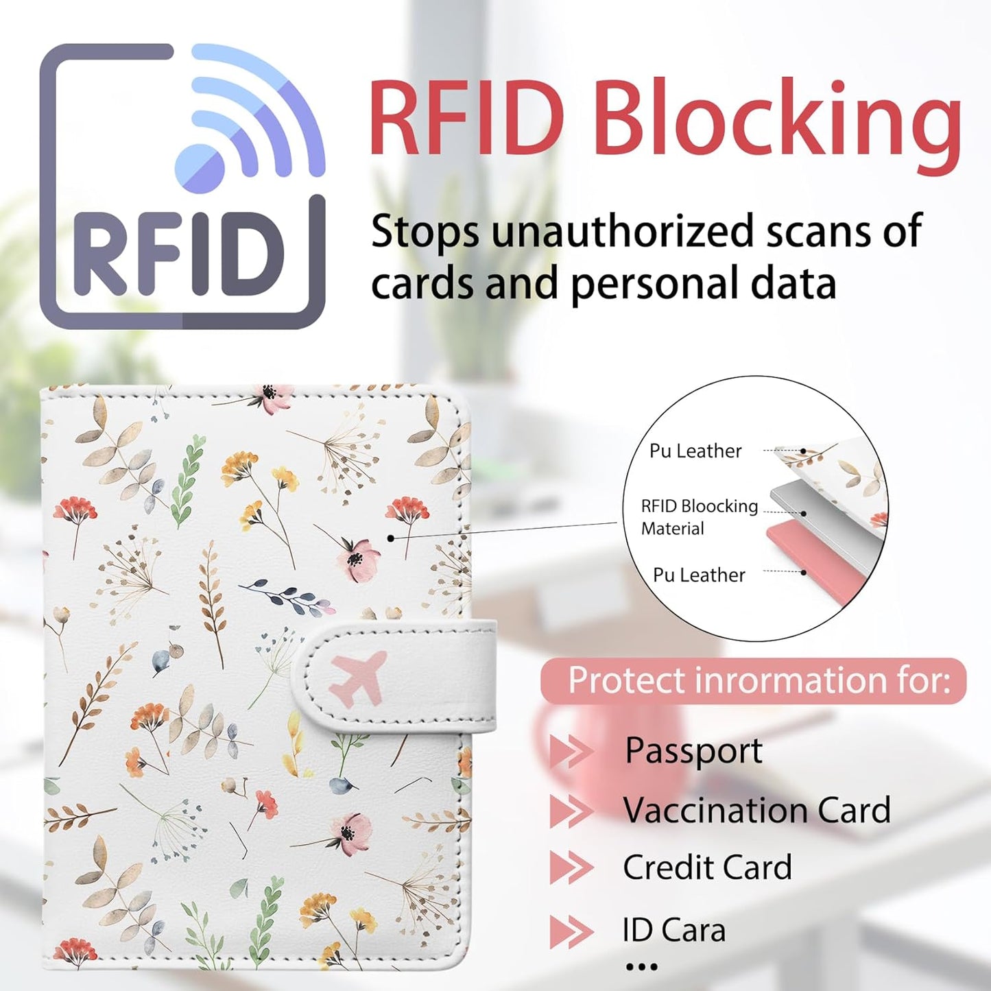 Passport Holder, Travel Wallet Cover with Pen Loop | Cute RFID Blocking Leather Case with Magnetic Closure for Travel Essentials-Flower