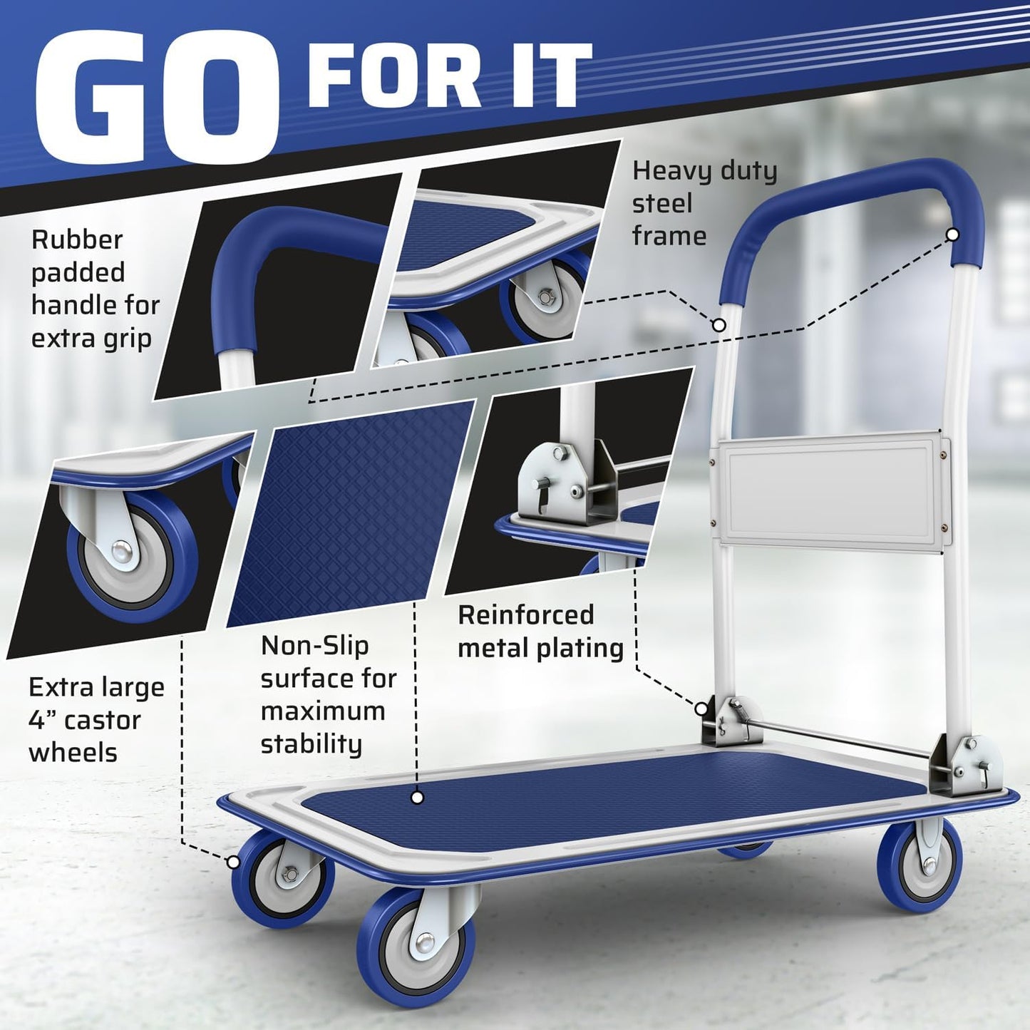 Heavy Duty Foldable Push Cart Dolly | 330 lbs. Capacity | Upgraded Collapsible Hand Truck Folding Platform with Swivel Wheels | Flat Bed Moving Wagon | Space Saving Push Handle (Blue)