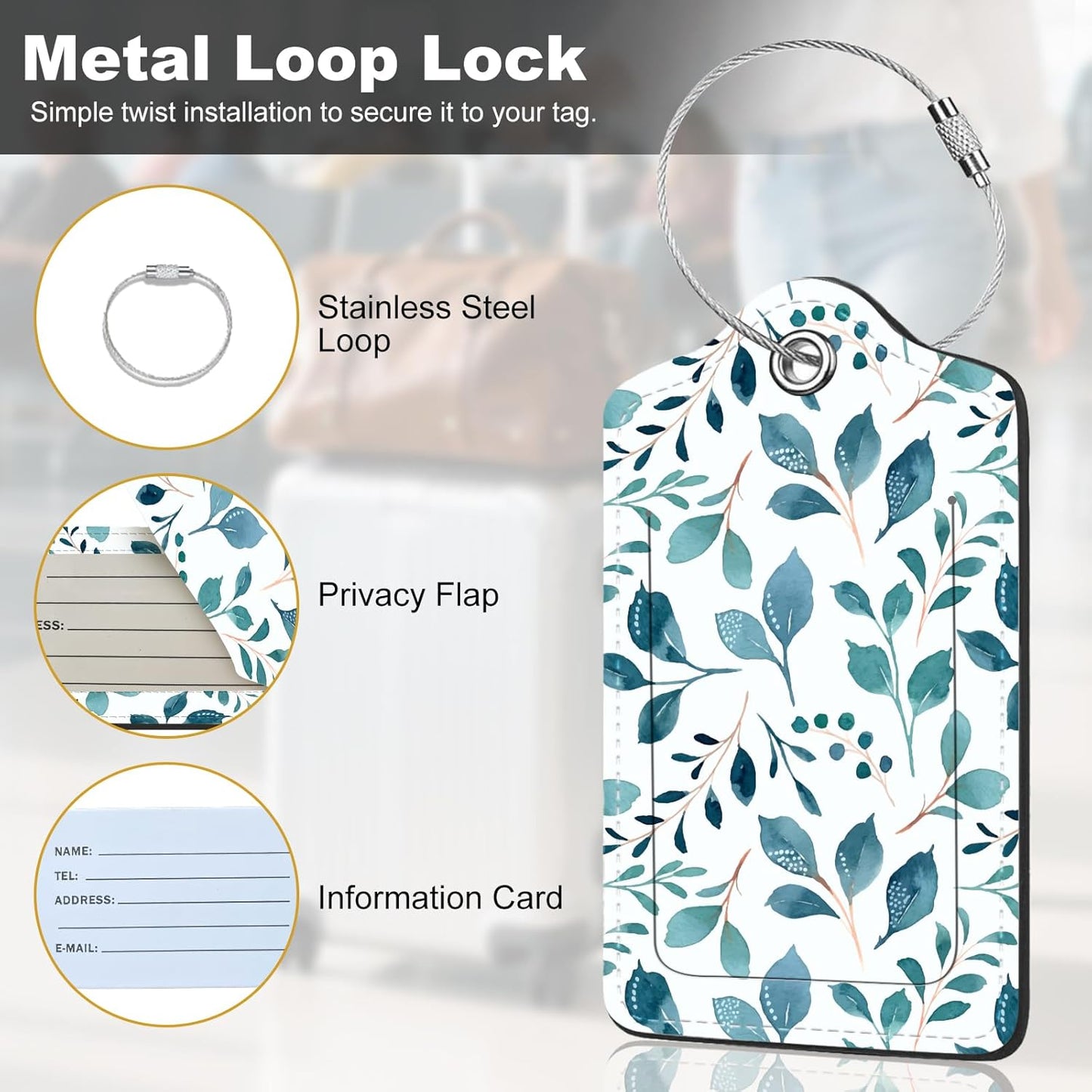 2Pack Luggage Tags for Suitcases, Cute Unique Pu Leather Cruise Luggage Tag with Privacy Cover ID Label Address Card and Metal Ring Suitable for Women Men Kids Travel Bag Green Leaf