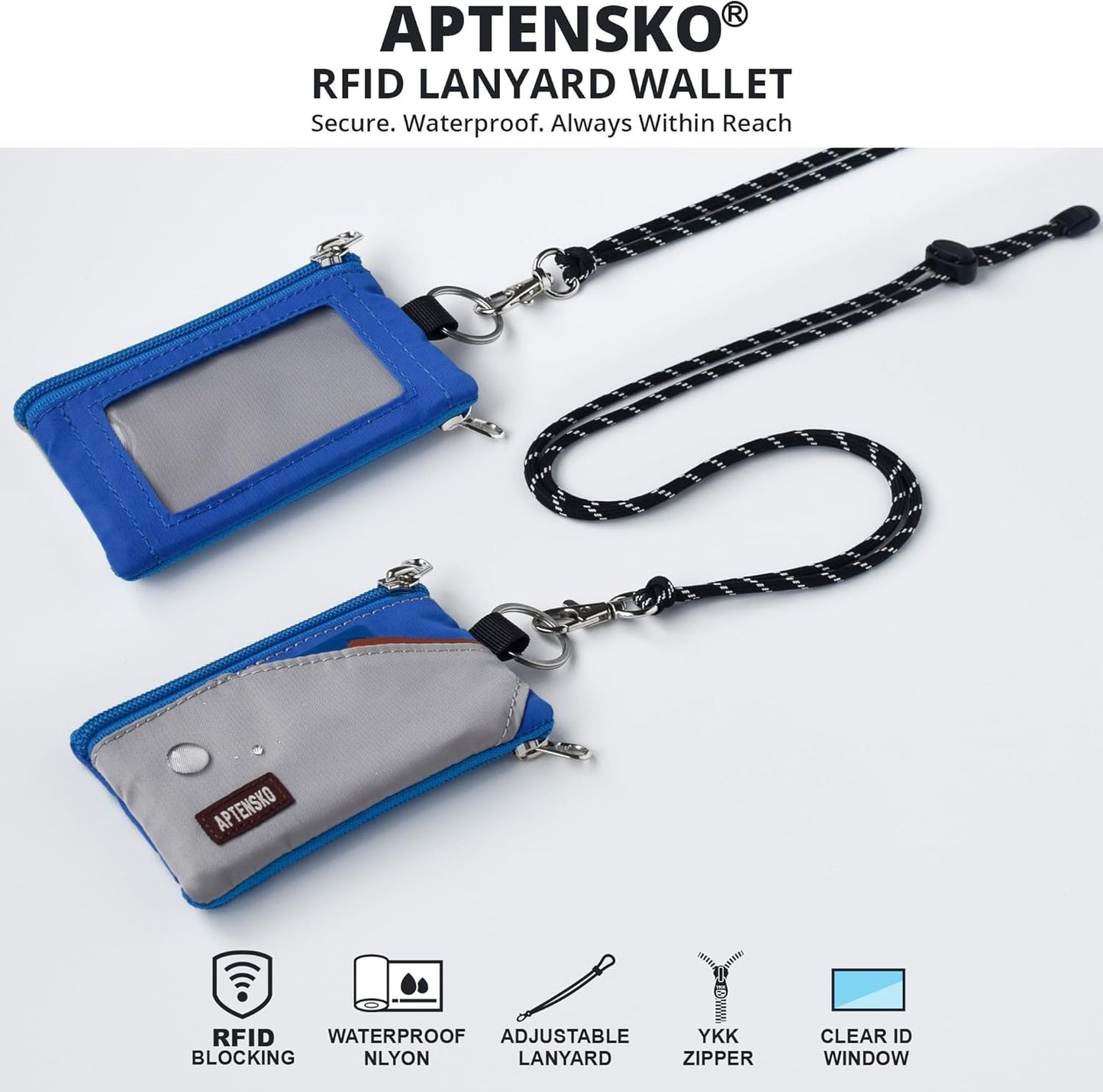 RFID Travel Wallet with Adjustable Lanyard-Zipper Small Wallet with ID Card Holder, Keychain for women&men-Minimalist Slim Waterproof Nylon case for ID, Cash, Key (Grey+Blue)