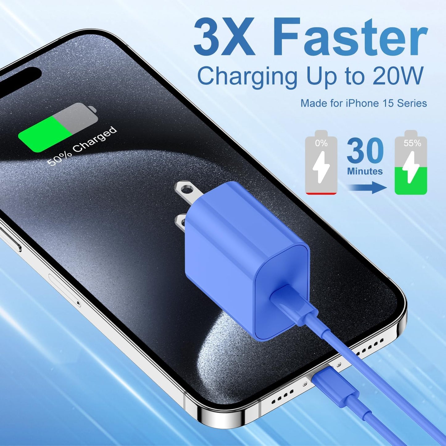 iPhone 17 16 15 Fast Charger Block and 10ft USB C to C Cable Cord Long for Apple iPhone 17 Pro Max/17 Air/16e/16 Plus/15/iPad Mini/Samsung,Type C Wall Charging Power Adapter Plug Cube Brick-Blue