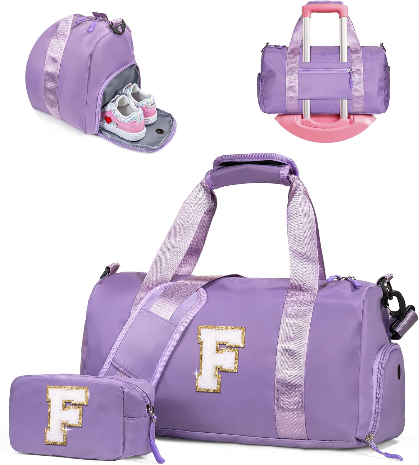 Kid Birthday Gift for Girls-Girl Gym Bag with Shoe Compartment, Kid Personalized Weekender Overnight Bags, Initial Travel Tote with Makeup Pouch, Preppy Stuff Gifts for Kids (Letter F)