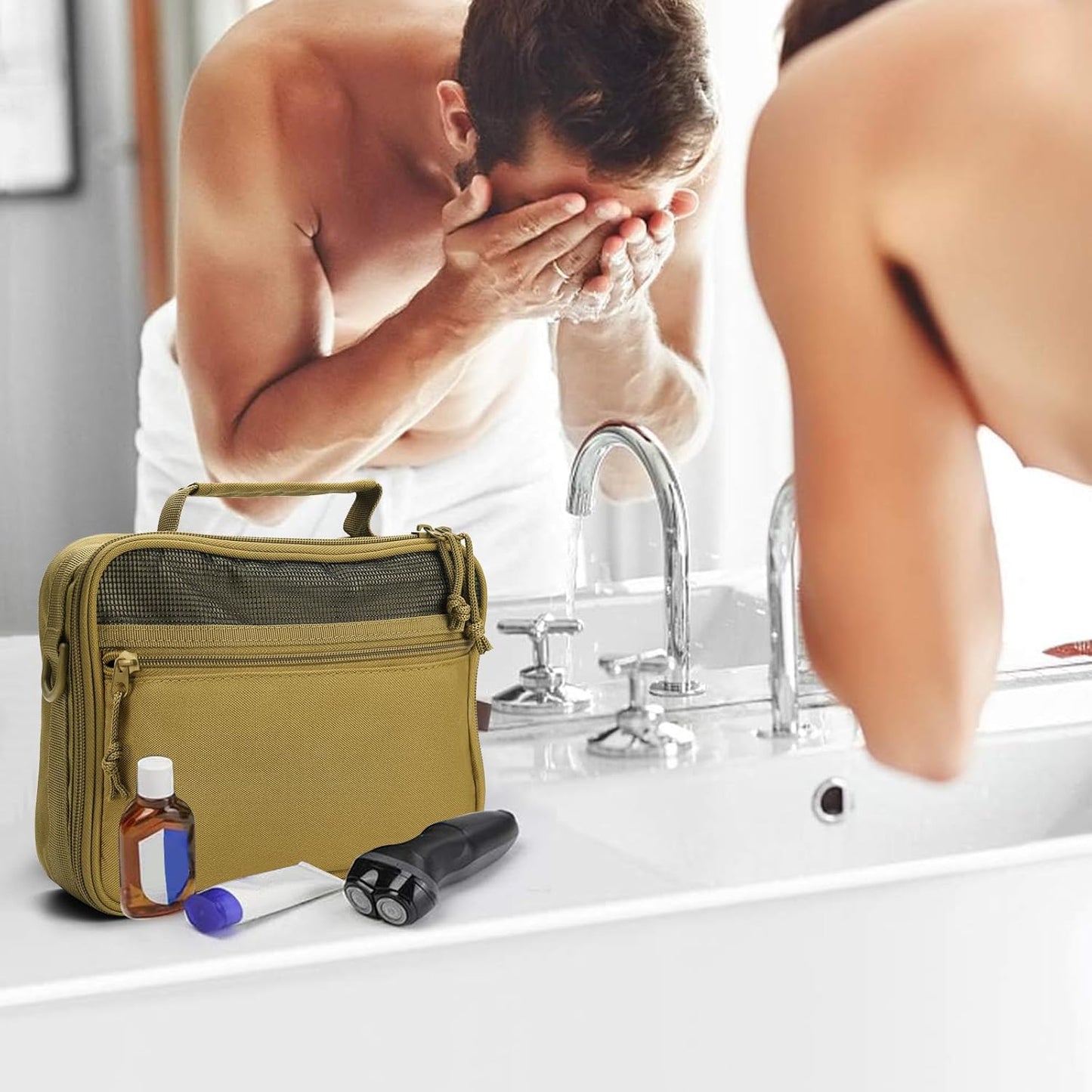 SMONT Toiletry Bag for Men Travel Toiletry Organizer Dopp Kit Organizer Toiletries Travel Bag Shaving Hygiene Bag Bathroom Hanging Men's Toiletry Bag for Short Trips Khaki