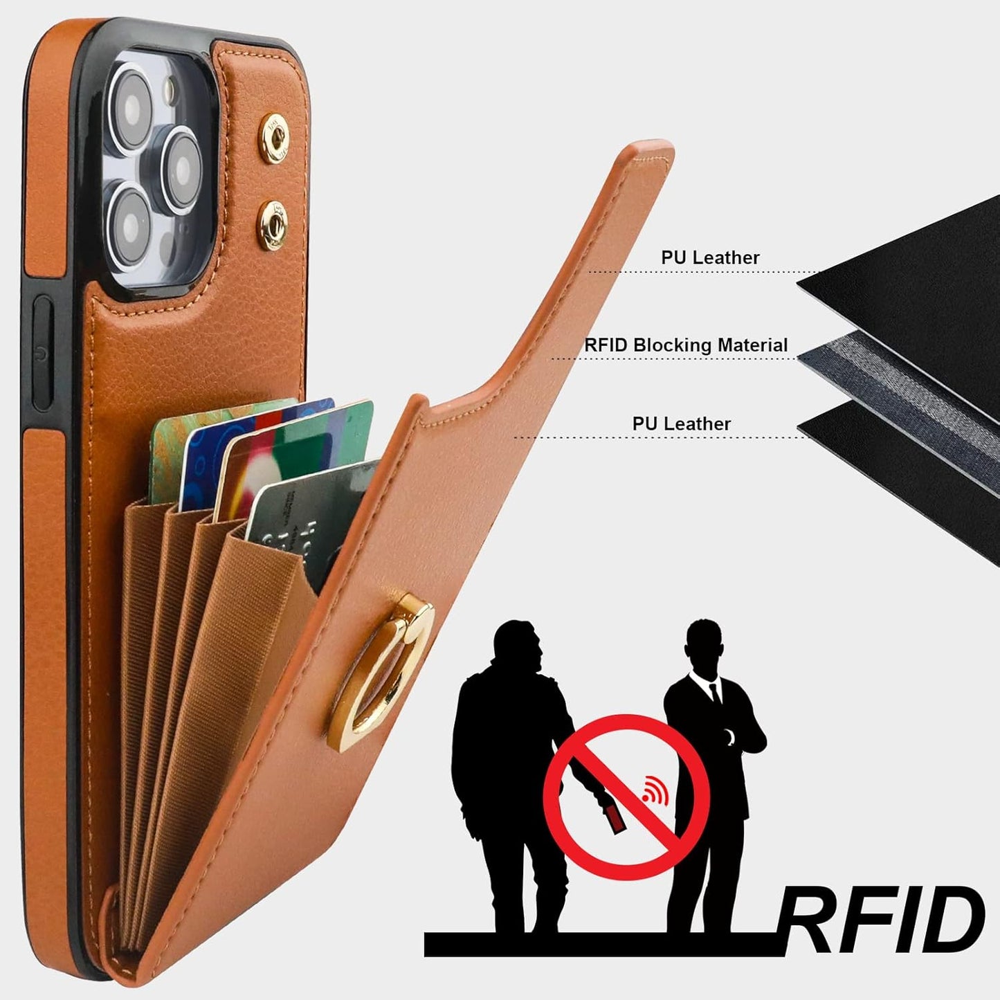Folosu Compatible with iPhone 14 Pro Max Case Wallet with Card Holder, 360°Rotation Finger Ring Holder Kickstand, RFID Blocking Leather Protective Double Buttons Shockproof Cover 6.7 Inch Brown