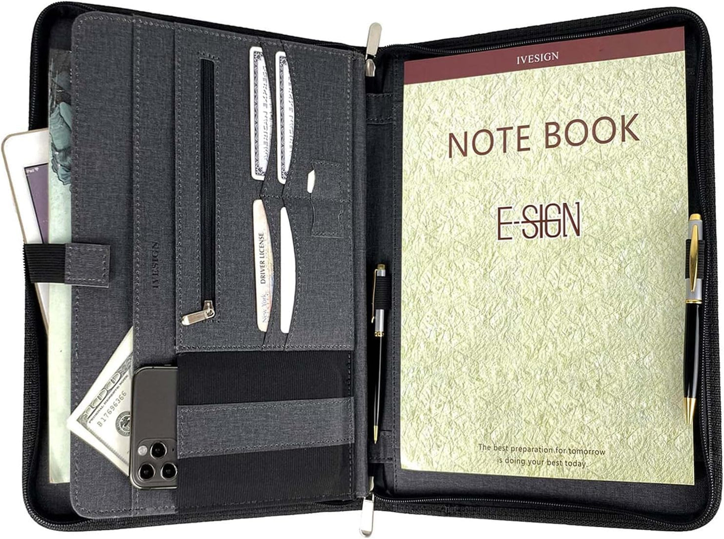 IVESIGN PU Leather Padfolio with Double Zipper, 10.1" Tablet Sleeve, Card Slots & Writing Pad - Multi-Functional Portfolio Binder for Documents, Business Card Organizer & Office Accessories