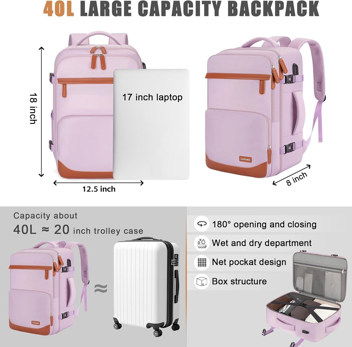 40L Travel Backpack with USB Charging Port, Water-Resistant Carry On Backpack for Men Women