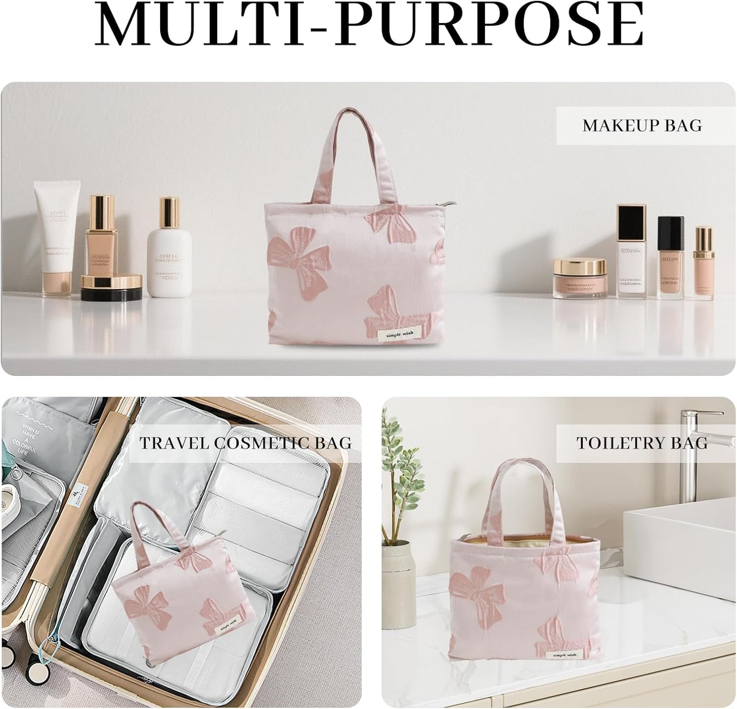 Wudygirl Makeup Bag Travel Cosmetic Bag for Women Small Makeup Pouch with Handle Zipper Cosmetic Pouch Handbag Aesthetic (Pink Bow)