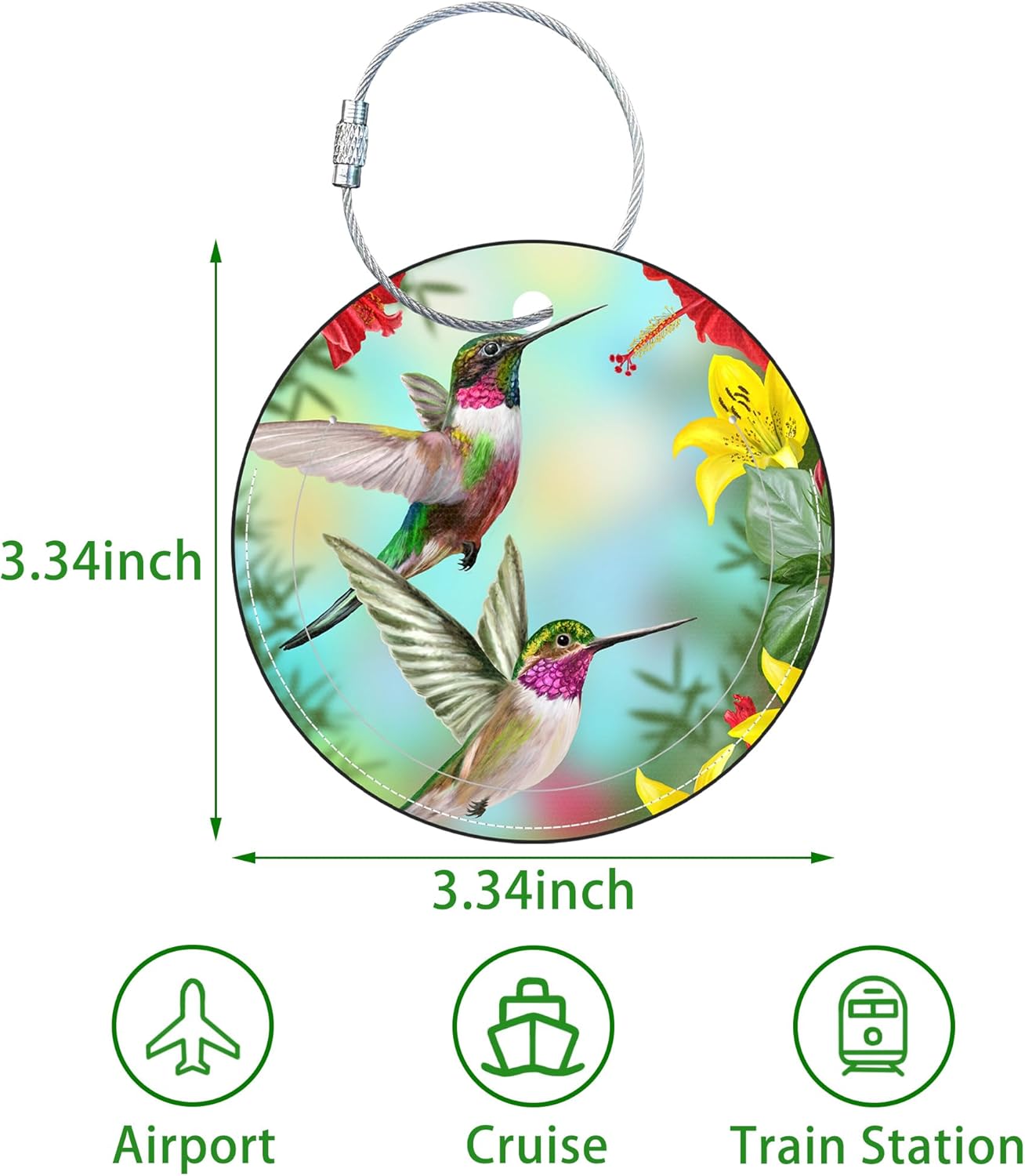 Round Cute Luggage Tags 2 Pack Hummingbird Red Hibiscus Creative Baggage Tags,Cruise Travel Baggage Suitcases Tag with Stainless Steel Loop ID Tag Privacy Flap