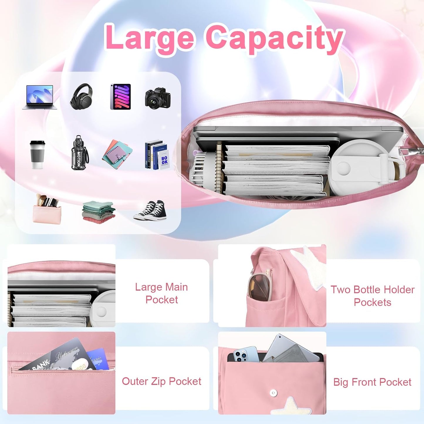 Y2K Messenger Bag for Women, Lightweight Spacious Stars Tote Purse with Cute Coin Purse, Crossbody Shoulder Bag