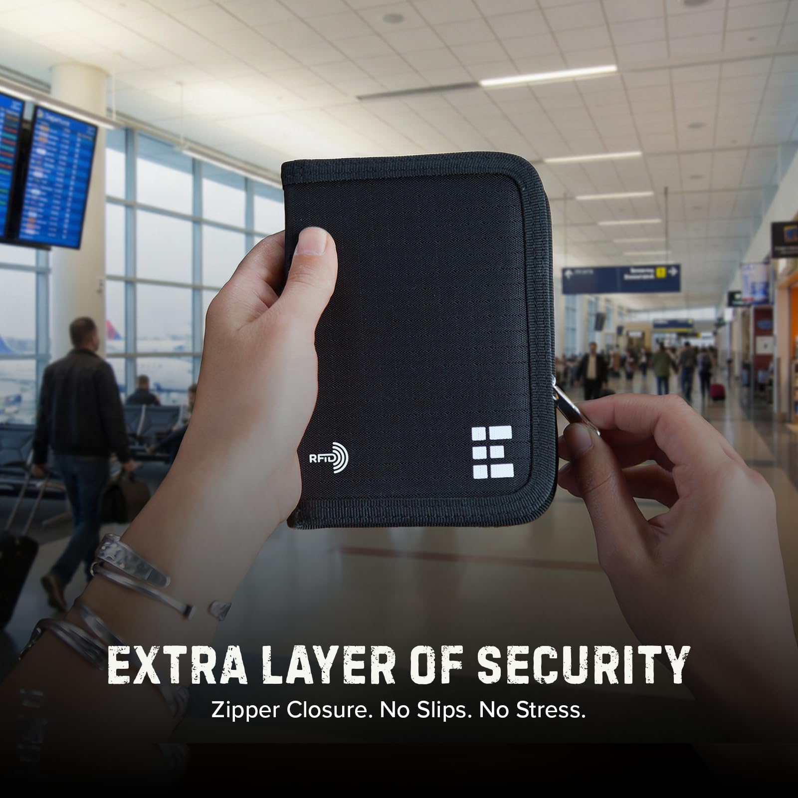 Zero Grid RFID Passport Holder for Passports & Cards, Zippered, Black