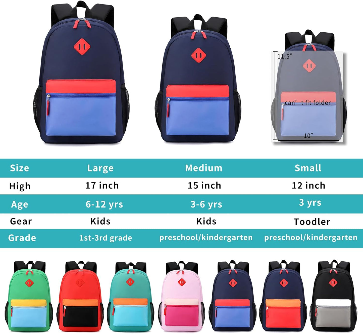 Toddler Backpack, Preschool Backpack for Kids Boys and Girls Kindergarten Preschool Bookbag with Chest Buckle 3-6Years (Navy Blue, Medium-15inch)