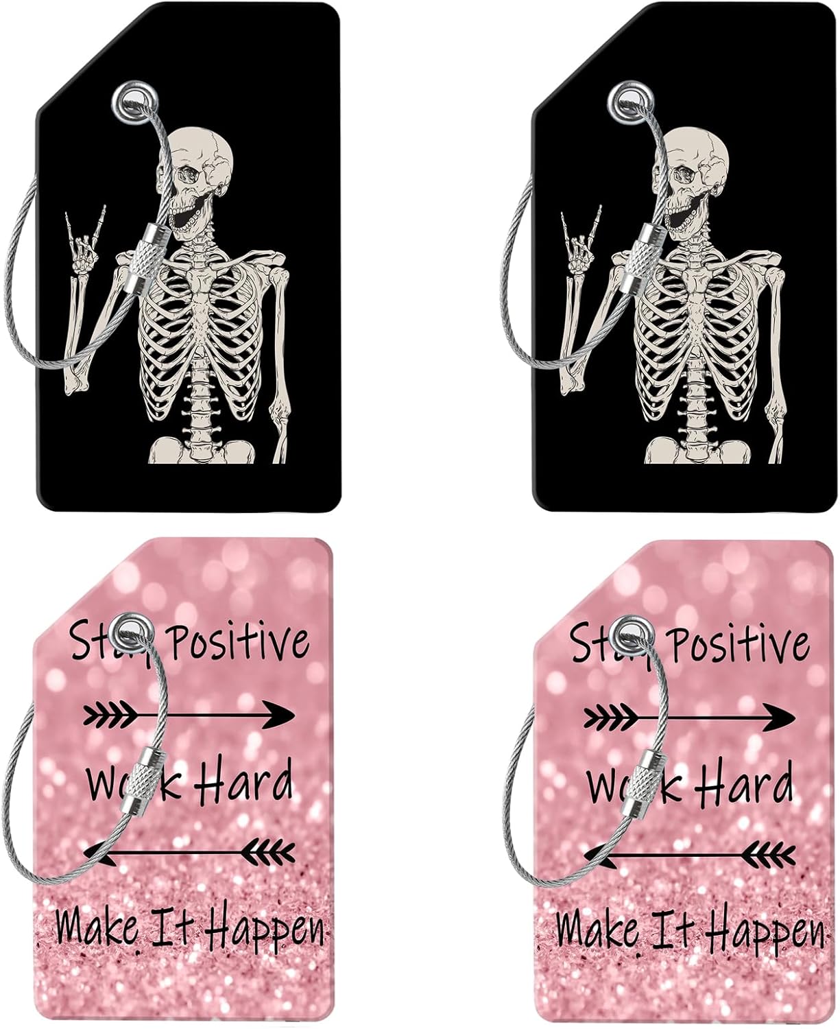 4 Luggage Tags, (1" Smaller Than Traditional) Perfect for Quick Luggage Identification with Stainless Steel Ring and Address Card for Travel and Luggage (Skeletons + Encouragement)