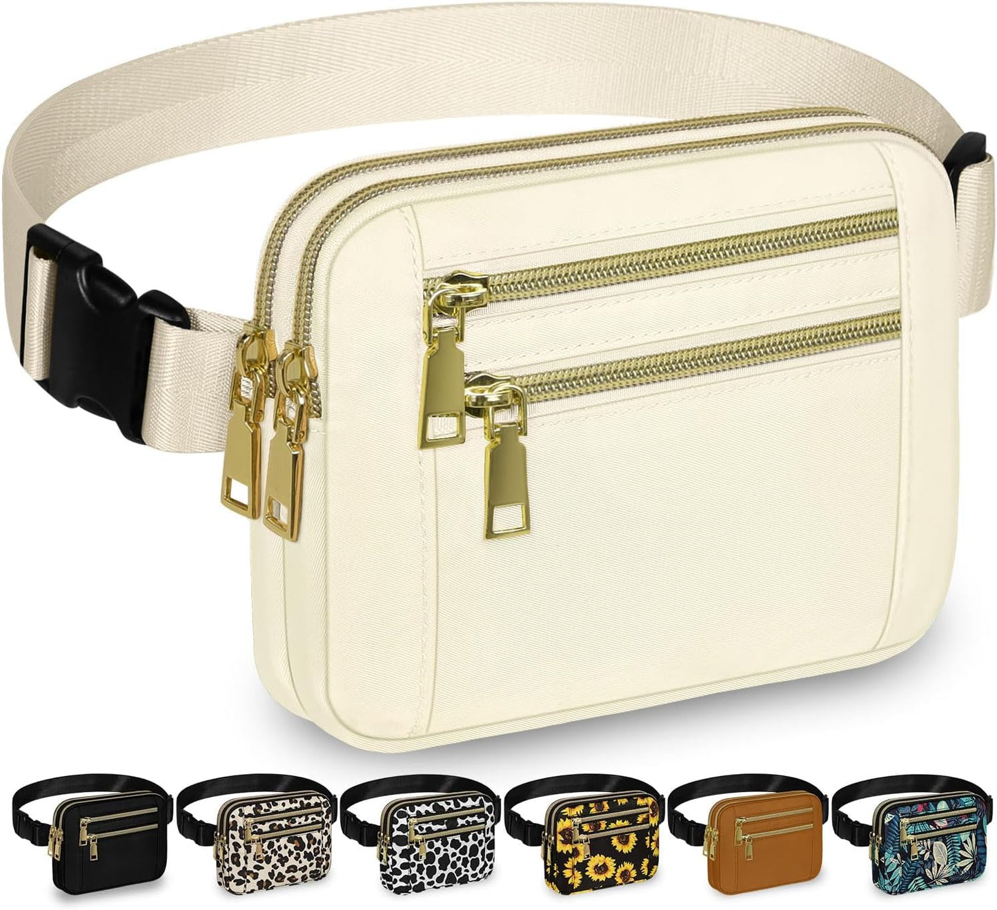 Capolo Fanny Packs for Women Fashion Waist Packs Bag with Adjustable Strap and 4 Zipper Pockets Waterproof Everywhere Crossbody Belt Bag for Workout Running Travelling(Ivory, Large)