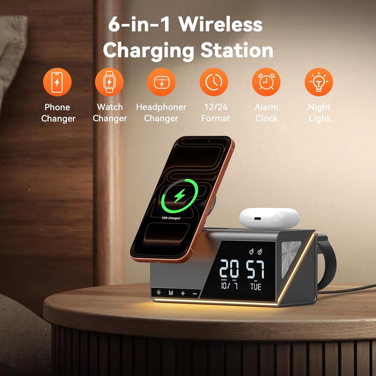 TobenONE 6-in-1 Alarm Clock Wireless Charging Station for Apple Devices, Night Light, Nightstand, MagSafe Magnetic Phone Charger, Fast Charging for iPhone 17 16 15 14 13 Pro Max, Apple Watch, AirPods