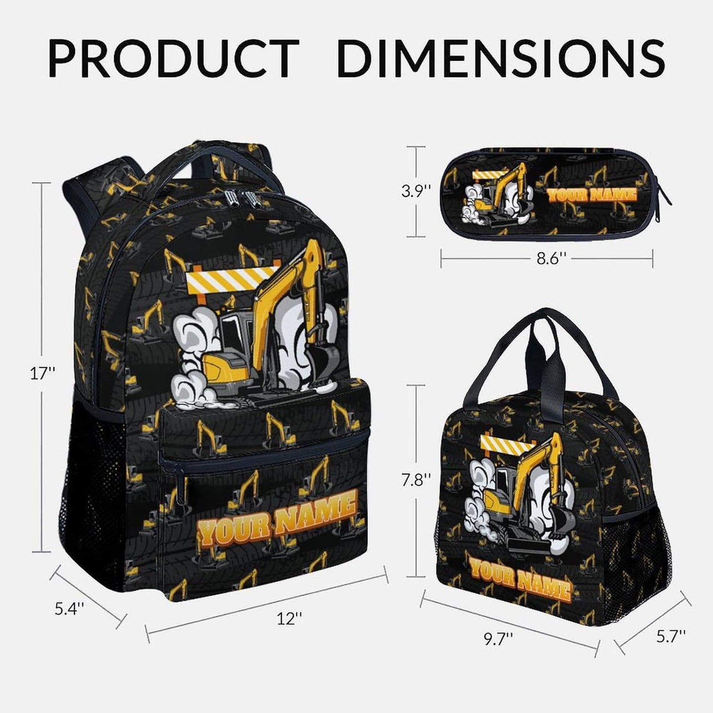 Backpack and Lunch Box for Boys - 17 Inch Custom Digger Bookbag Set for Kids - Personalized Cool 3