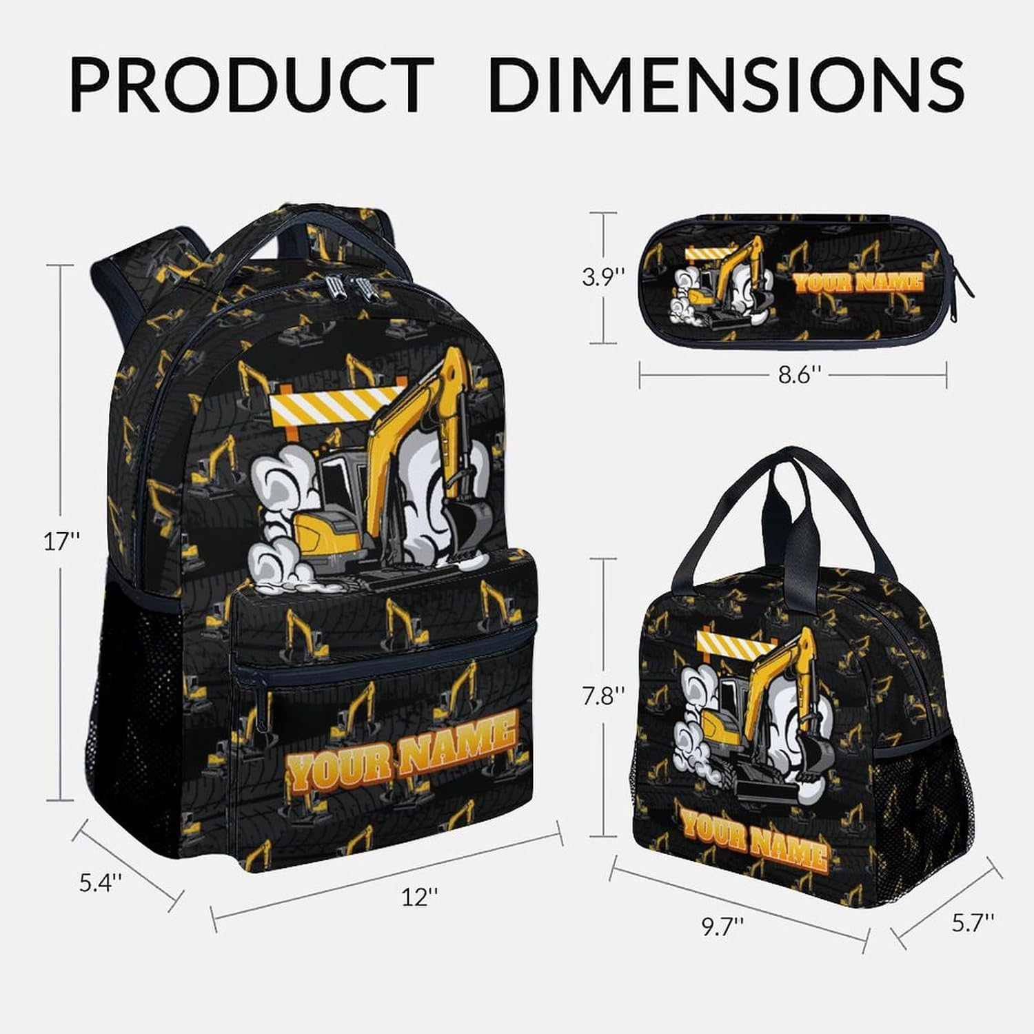 Backpack and Lunch Box for Boys - 17 Inch Custom Digger Bookbag Set for Kids - Personalized Cool 3