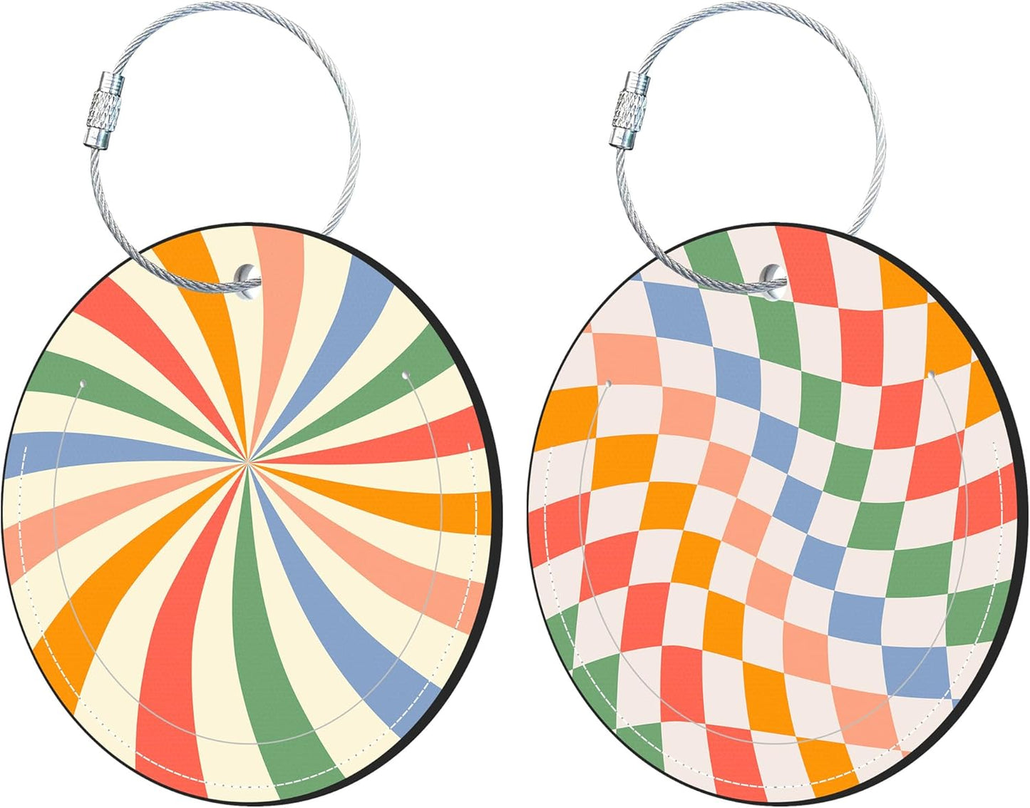 Round Cute Luggage Tags 2 Pack Colorful Abstract Retro Wavy Creative Baggage Tags,Cruise Travel Baggage Suitcases Tag with Stainless Steel Loop ID Tag Privacy Flap