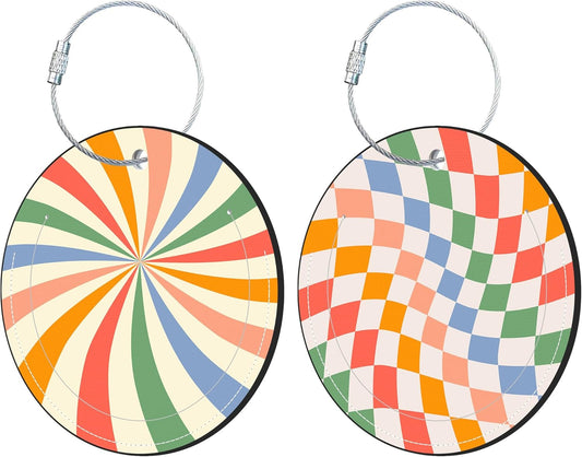 Round Cute Luggage Tags 2 Pack Colorful Abstract Retro Wavy Creative Baggage Tags,Cruise Travel Baggage Suitcases Tag with Stainless Steel Loop ID Tag Privacy Flap