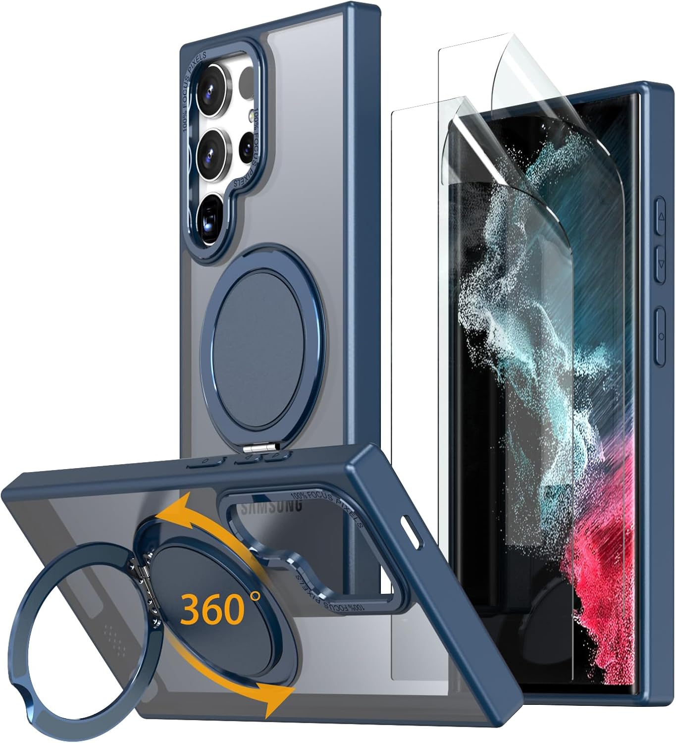 Magnetic Stand Case for Samsung Galaxy S22 Ultra/S23 Ultra [with 2 Screen Protectors] [360° Rotation Magnetic Stand] [Compatible with Magsafe] Military-Grade Drop Protection Case, Blue
