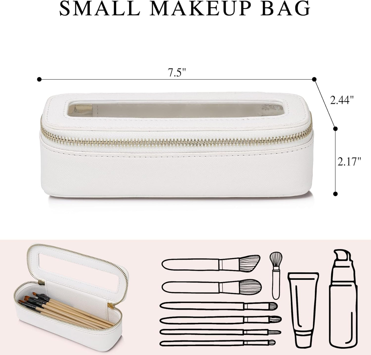 Makeup Brush Case Slim Clear Makeup Bag Travel Cosmetic Case and Waterproof Toiletry Makeup Bag with Zipper Purse Organizer for Women (White, Slim)