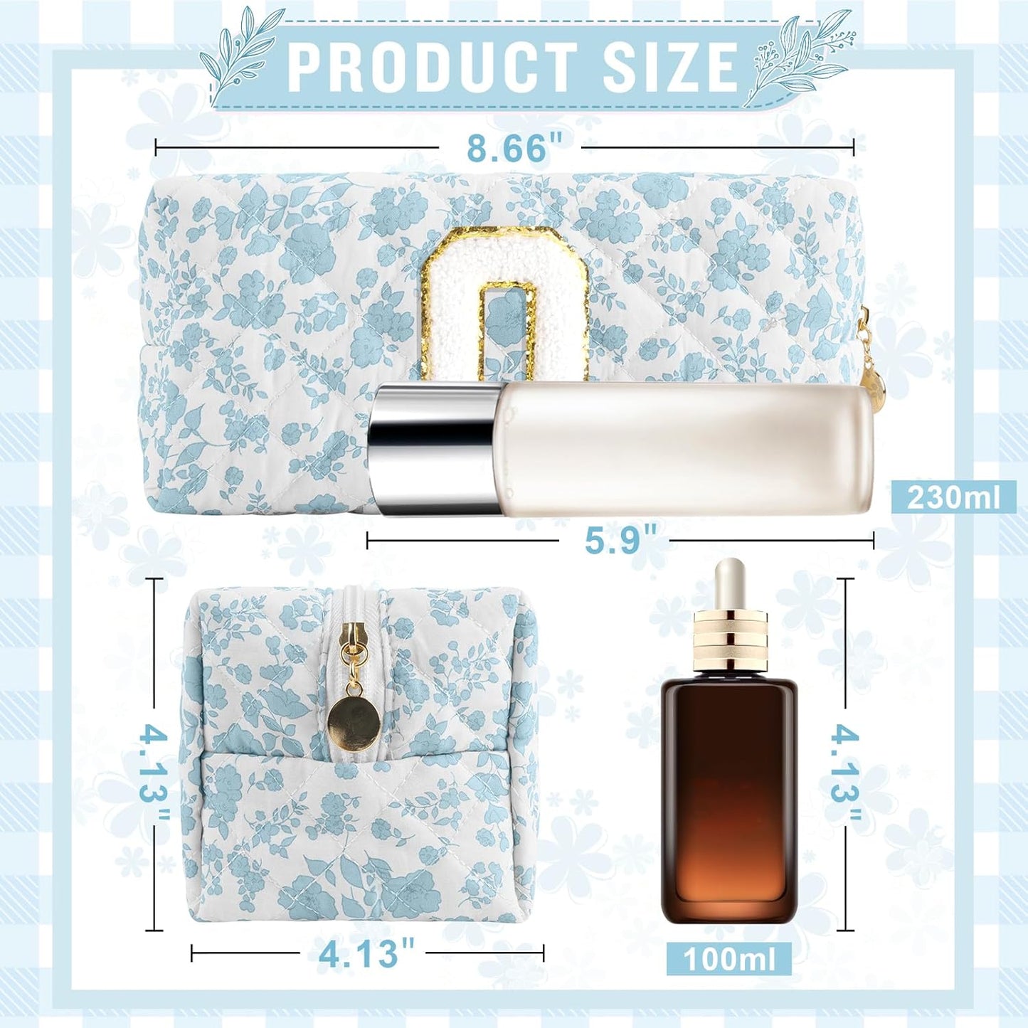 Personalized Quilted Cosmetic Bag, Puffy Monogrammed Christmas Birthday Gifts for Women & Girls, Cute initial Floral Makeup Bag Puffer Coquette Bag, Aesthetic Travel Toiletry Zipper Pouch(Blue,O)