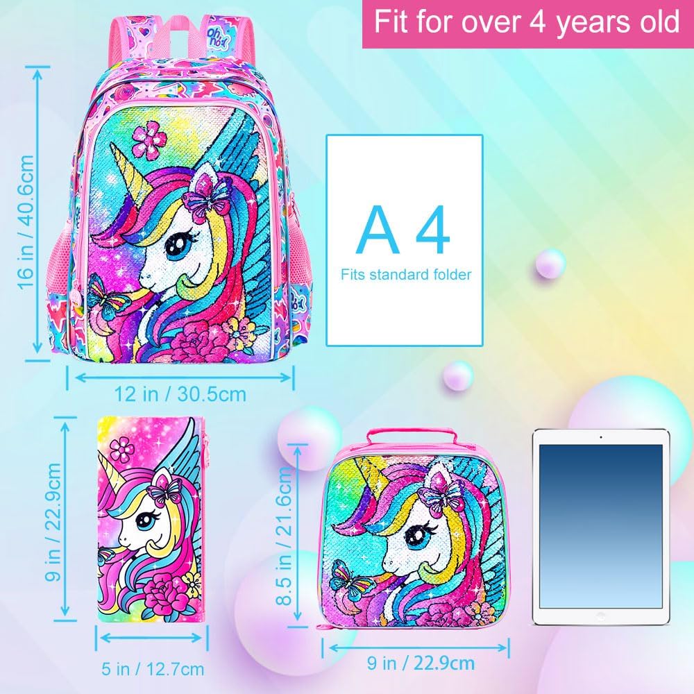 3Pcs Unicorn Backpack for Girls, Sequin Bookbag for Elementary Preschool Students, 16" Kids Backpacks with Lunch Box(Pink)