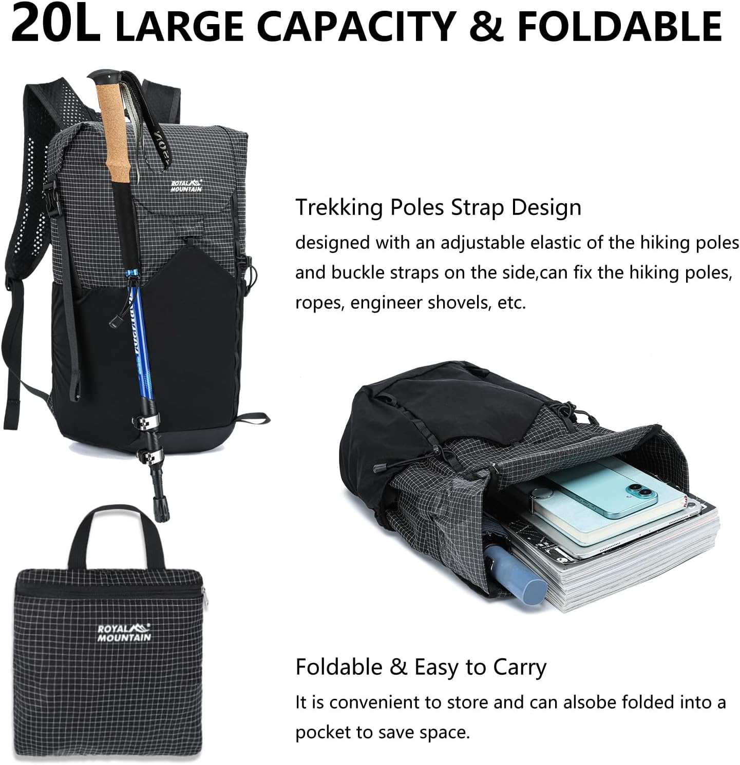 Hiking Backpack For Women&Men, 20L Lightweight Foldable Water Resistant Packable Travel Small Hiking Backpacks, Daypack Backpacks For Travel, Camping (Black)