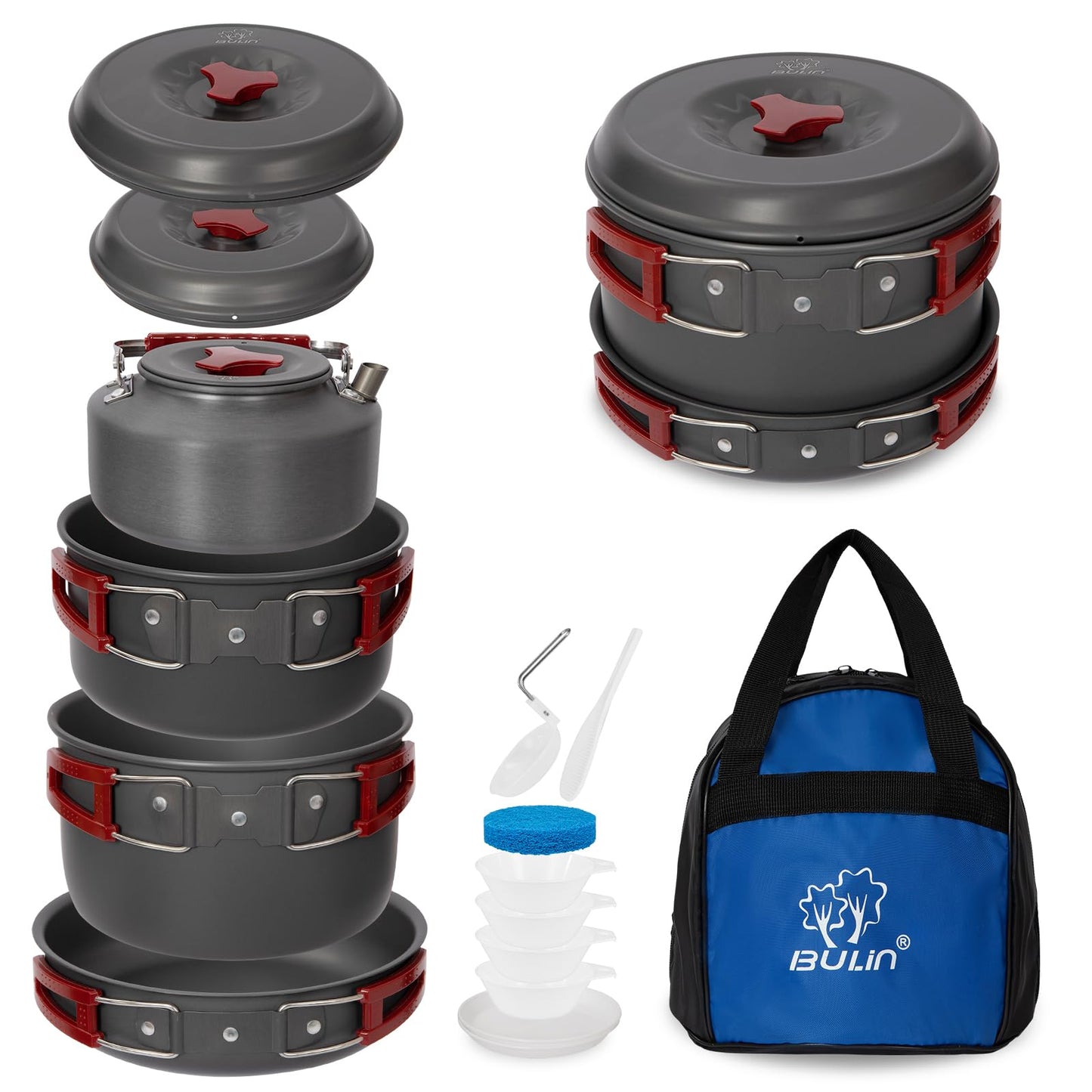 Bulin Camping Cookware, Portable Pots Kettle and Pans Set, 13 PCS for 3-4