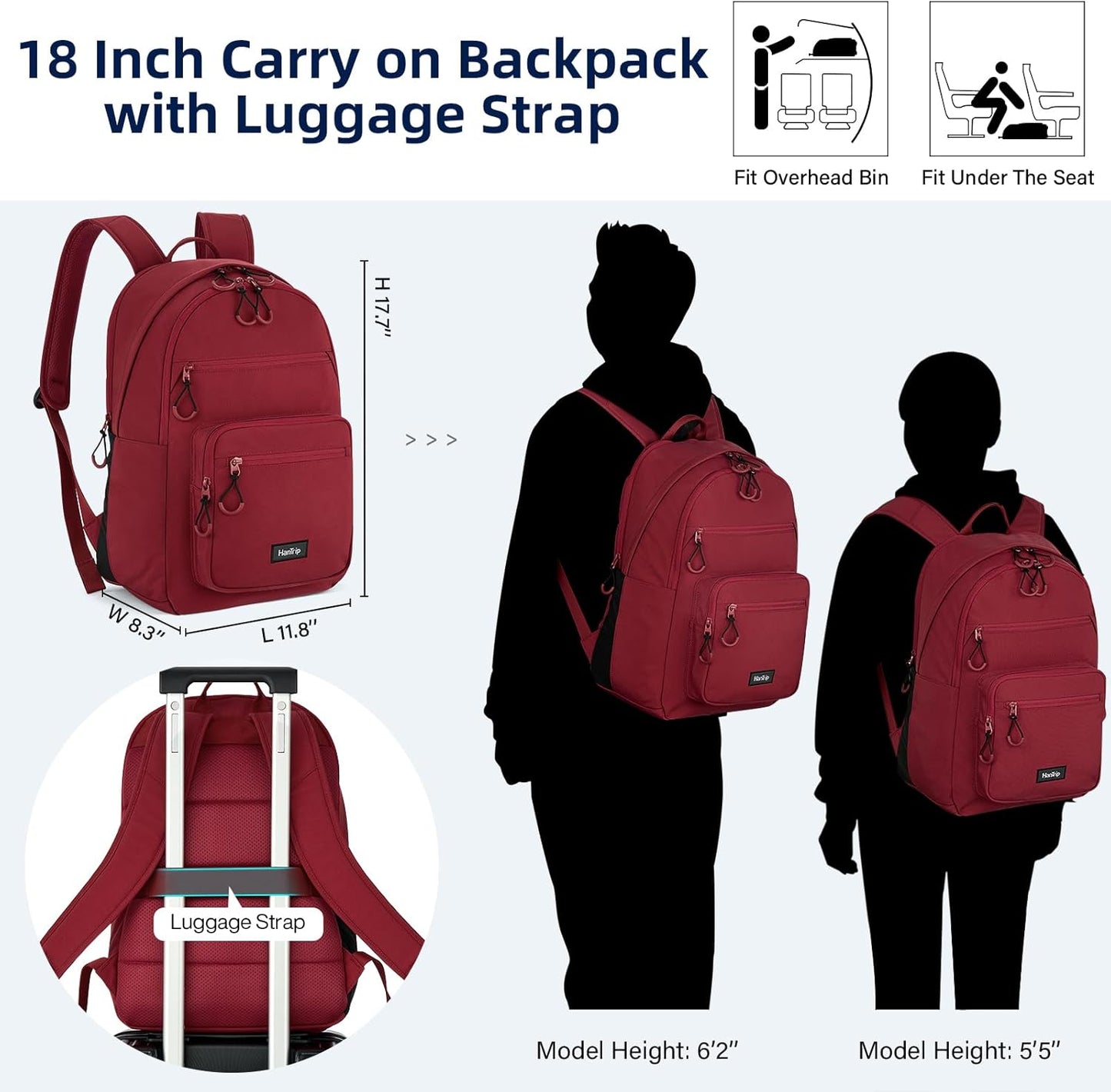 Carry On Travel Backpack For Women, 18 Inch Water Resistant Large Backpack Lightweight Bookbag For