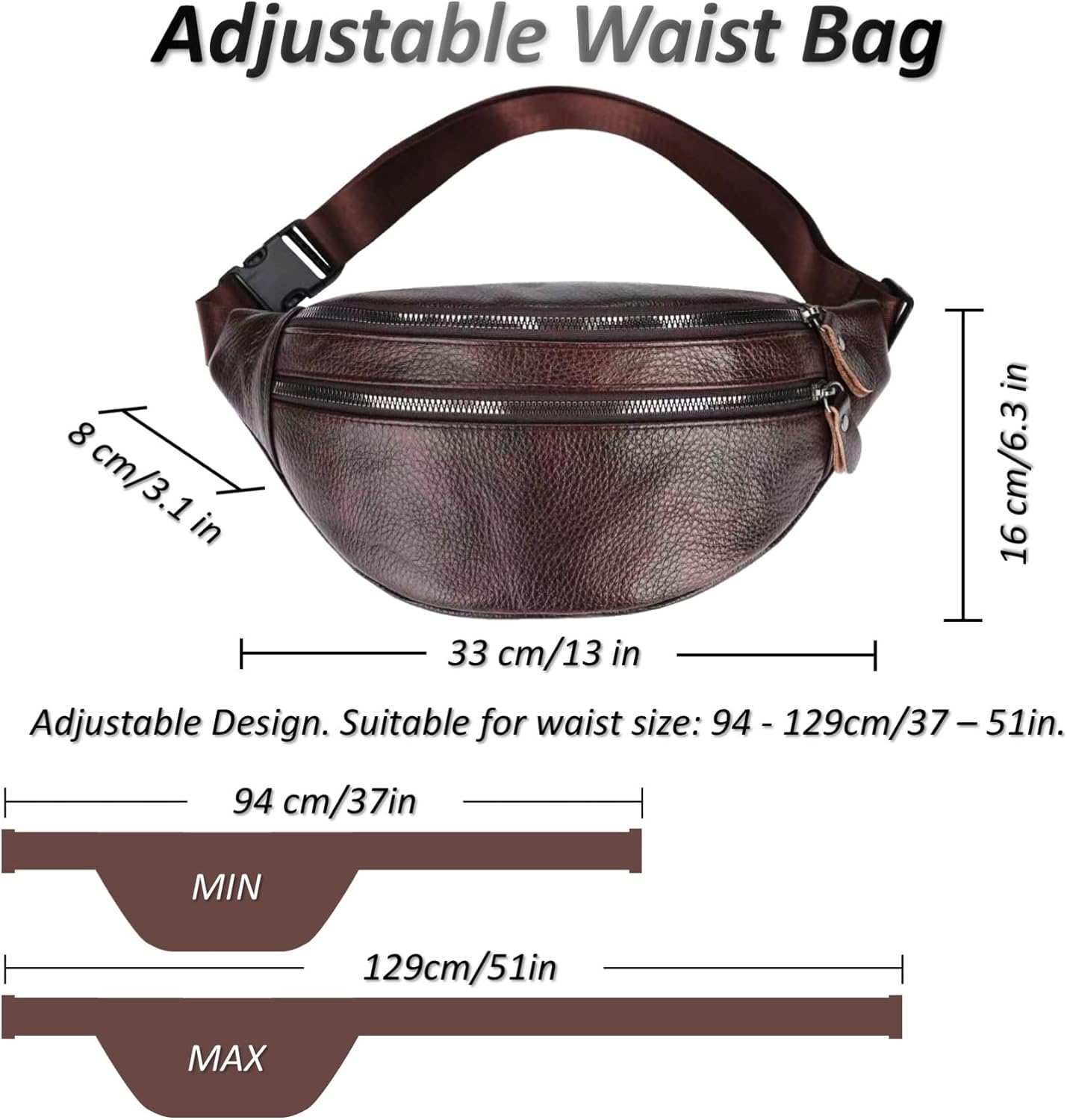 Genuine Leather Waist Bag, Outdoor Travel Waist Pack, Cowhide Leather Fanny Pack with Adjustable