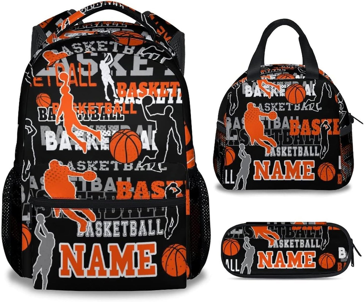 Mercuryelf Custom Basketball Backpack with Lunch Box and Pencil Case, Personalized Elementary Kindergarten School Bookbags for Boys Kids with Name, Set of 3