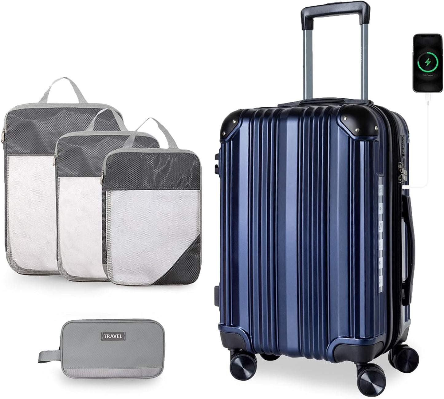 OUZZO 24-Inch Medium Checked Luggage with USB Port, Expandable ABS+PC Hardshell Suitcase with 360° Spinner Wheels, TSA-Approved Lock, Corner Guards – Lightweight Travel Luggage – Blue