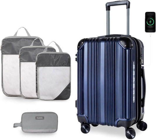 OUZZO 24-Inch Medium Checked Luggage with USB Port, Expandable ABS+PC Hardshell Suitcase with 360° Spinner Wheels, TSA-Approved Lock, Corner Guards – Lightweight Travel Luggage – Blue