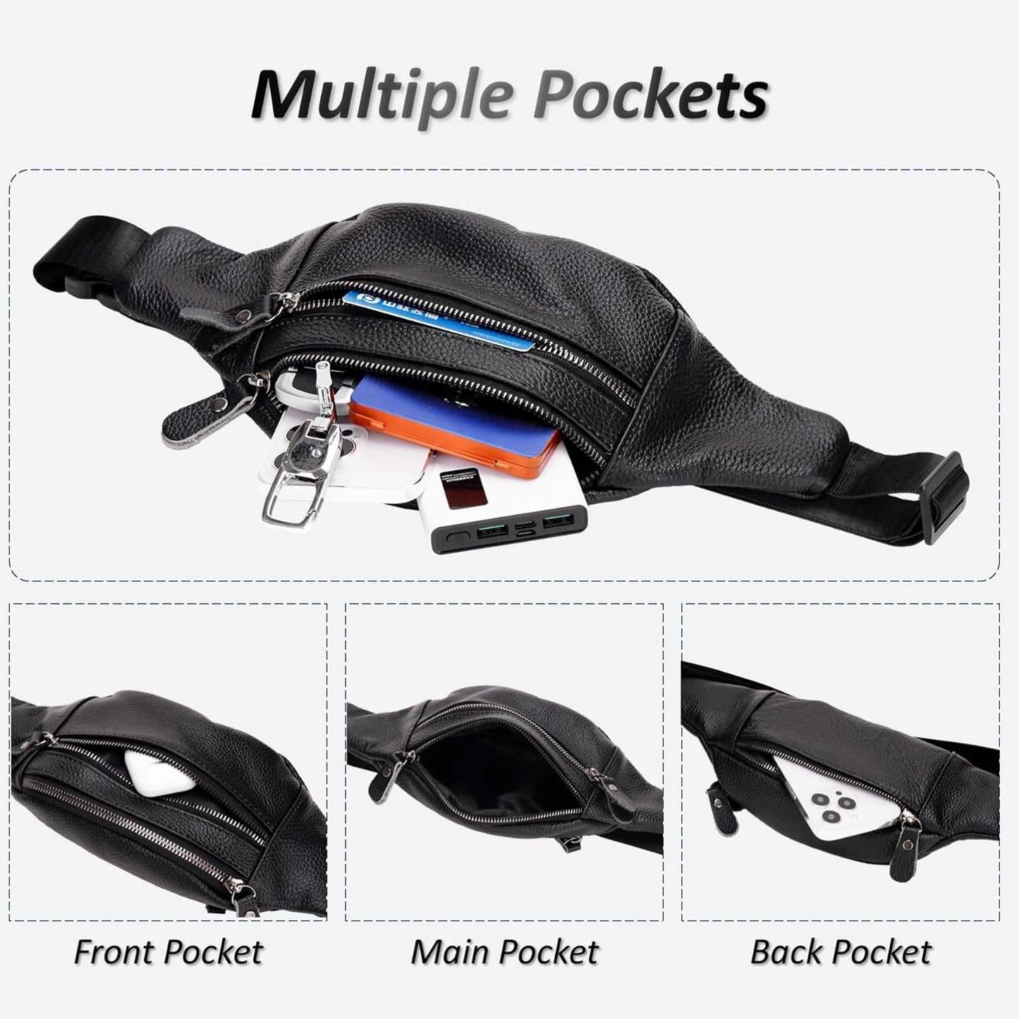 Genuine Leather Waist Bag, Outdoor Travel Waist Pack, Cowhide Leather Fanny Pack with Adjustable Strap, Suitable for Travelling, Outdoor Hiking, Cycling, Running - Black & Small