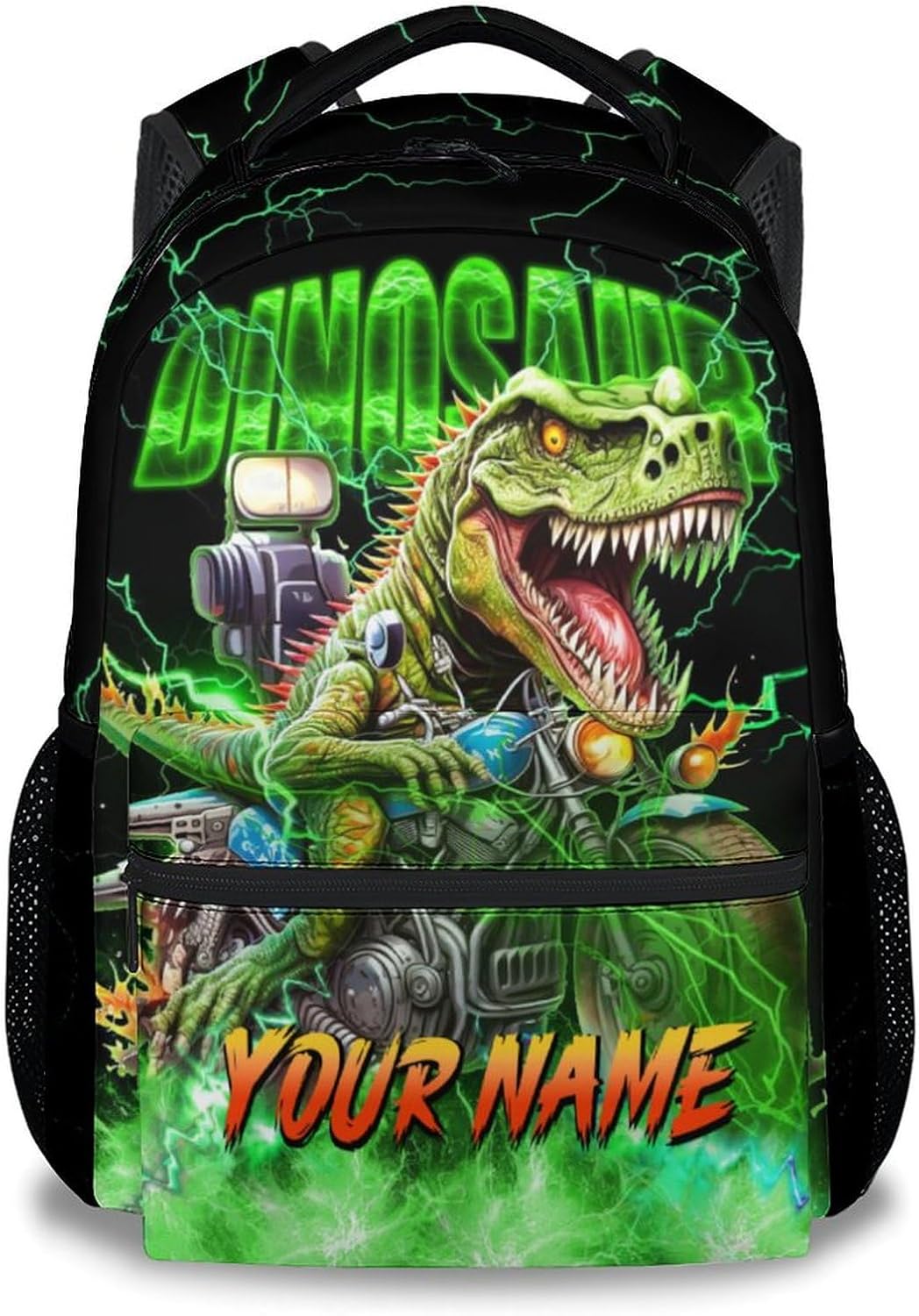 Personalized Boys Backpack, Dinosaur Backpacks for Kids, 17 Inch Custom Toddler School Bag with Name, Motorcycle Bookbags for Elementary
