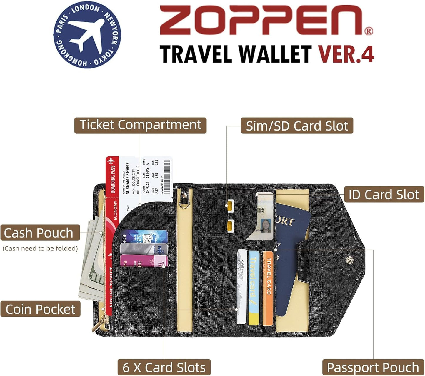 ZOPPEN Mulit-purpose Rfid Blocking Passport Holder Travel Wallet (Ver.4) Passport and Vaccine Card Holder ComboTri-fold Document Organizer Travel Essentials