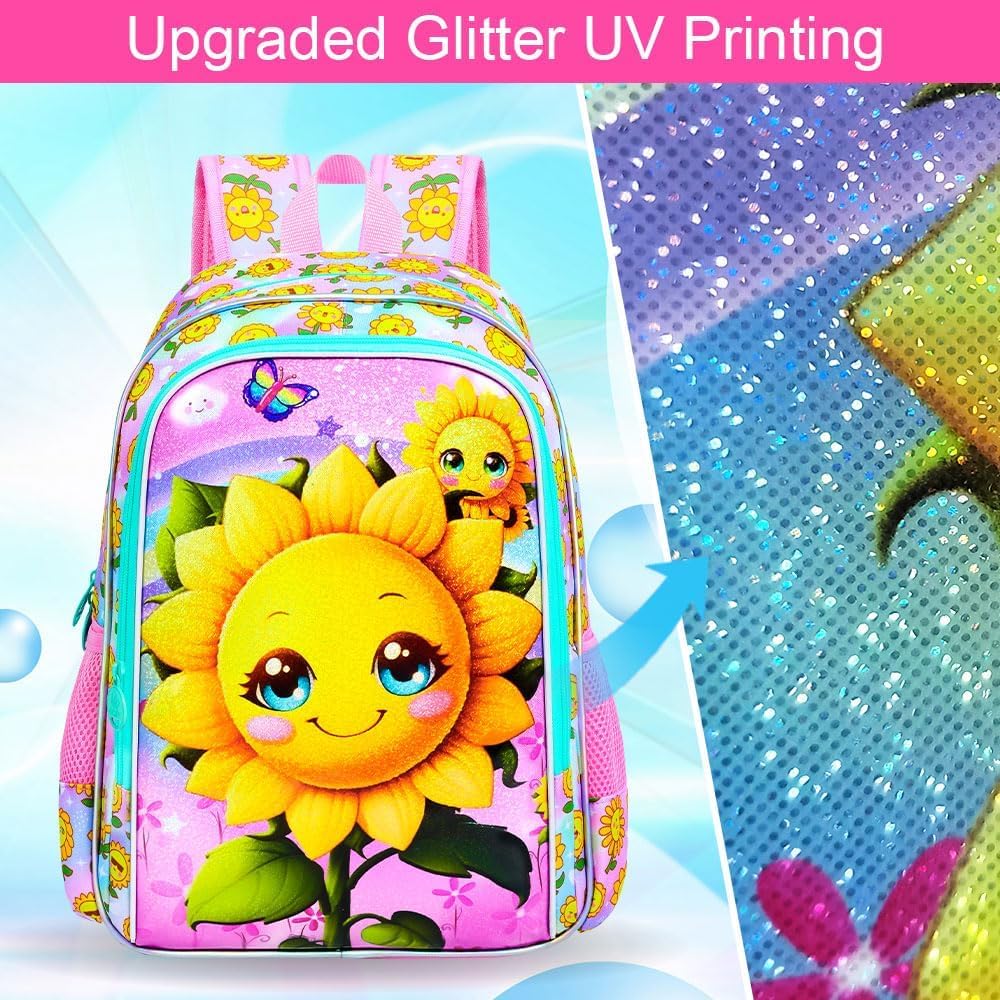KLFVB 3PCS Smiling Sunflower Bookbag for Girls, Water Resistant Kids Backpack with Lunch Box, 16" Preschool Backpacks for Elementary - Smiling Sunflower Pink