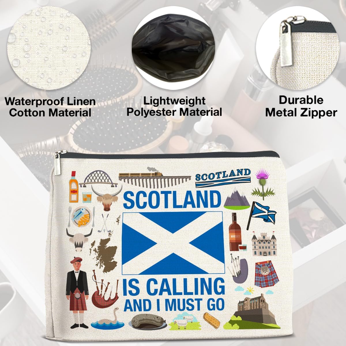 Scotland Travel Gifts Makeup Bag Scotland Gifts for Women Friends Traveler Cosmetic Bag Scotland Is Calling Zipper Makeup Pouch