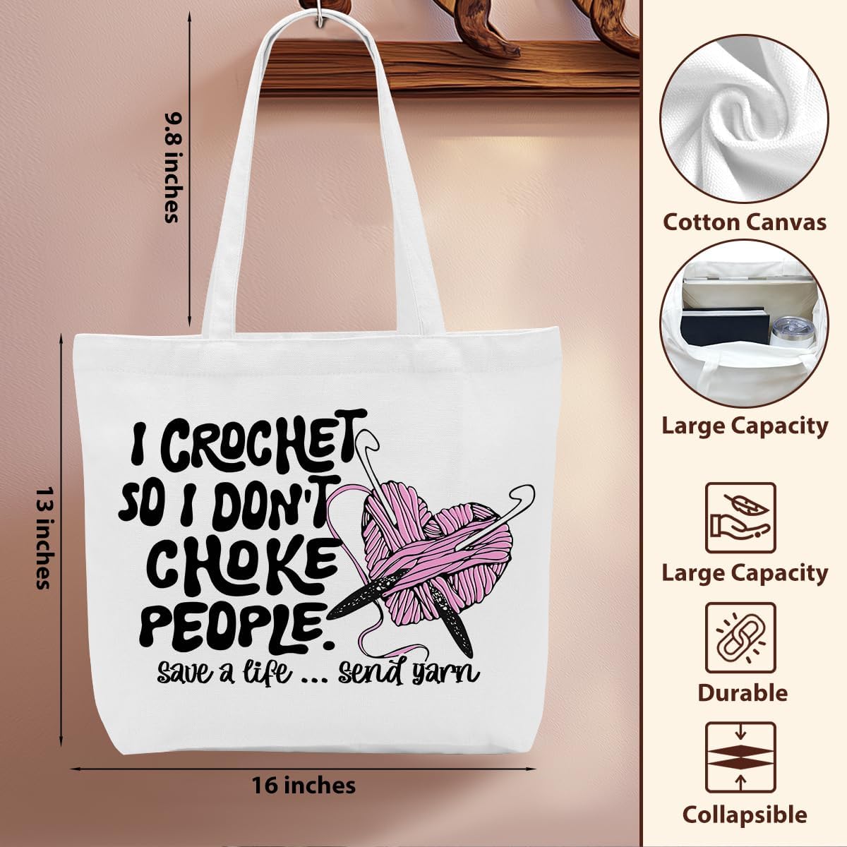Crochet Knitting Humor Yarn Gifts Canvas Tote Bag, Reusable Grocery Shopping Bags for Crocheters Christmas