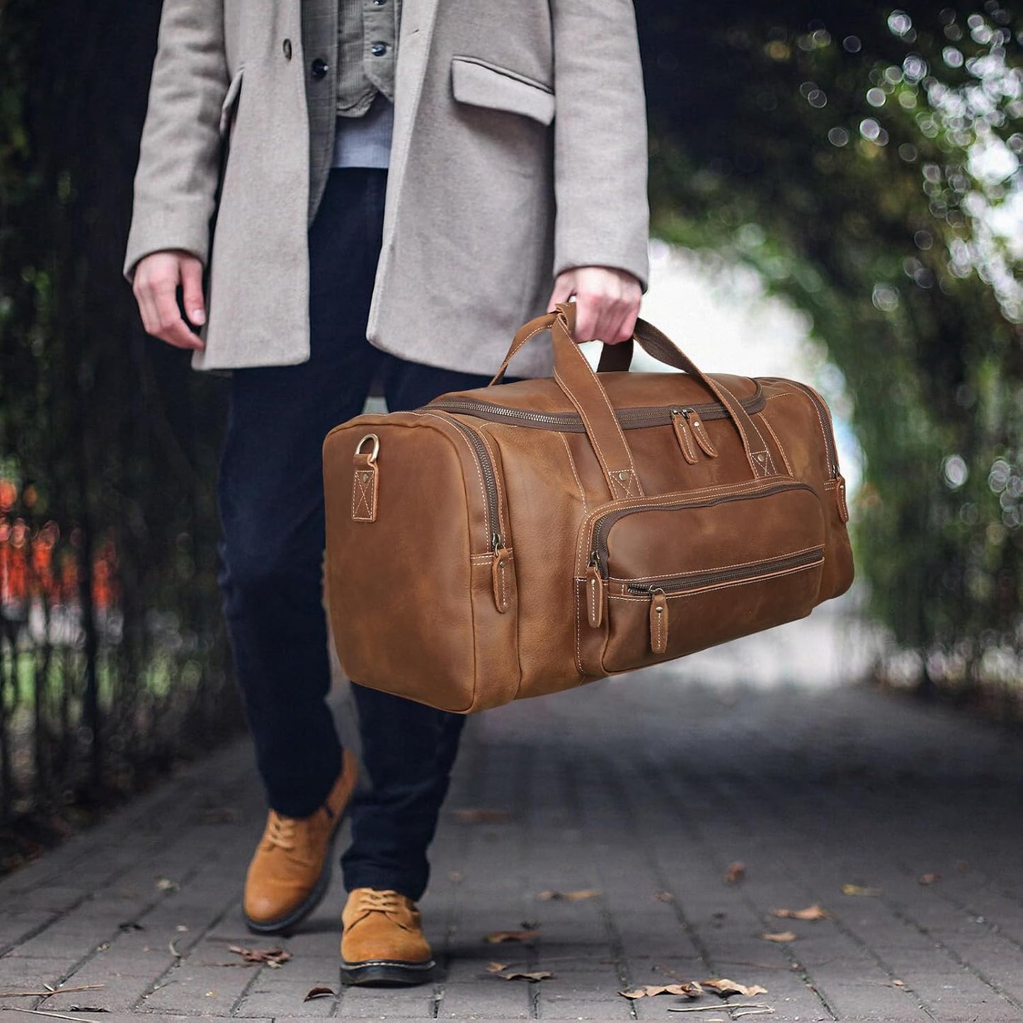 Polare 23" Full Grain Cowhide Leather Gym Duffle Weekender Overnight Travel Duffel Bag For Men