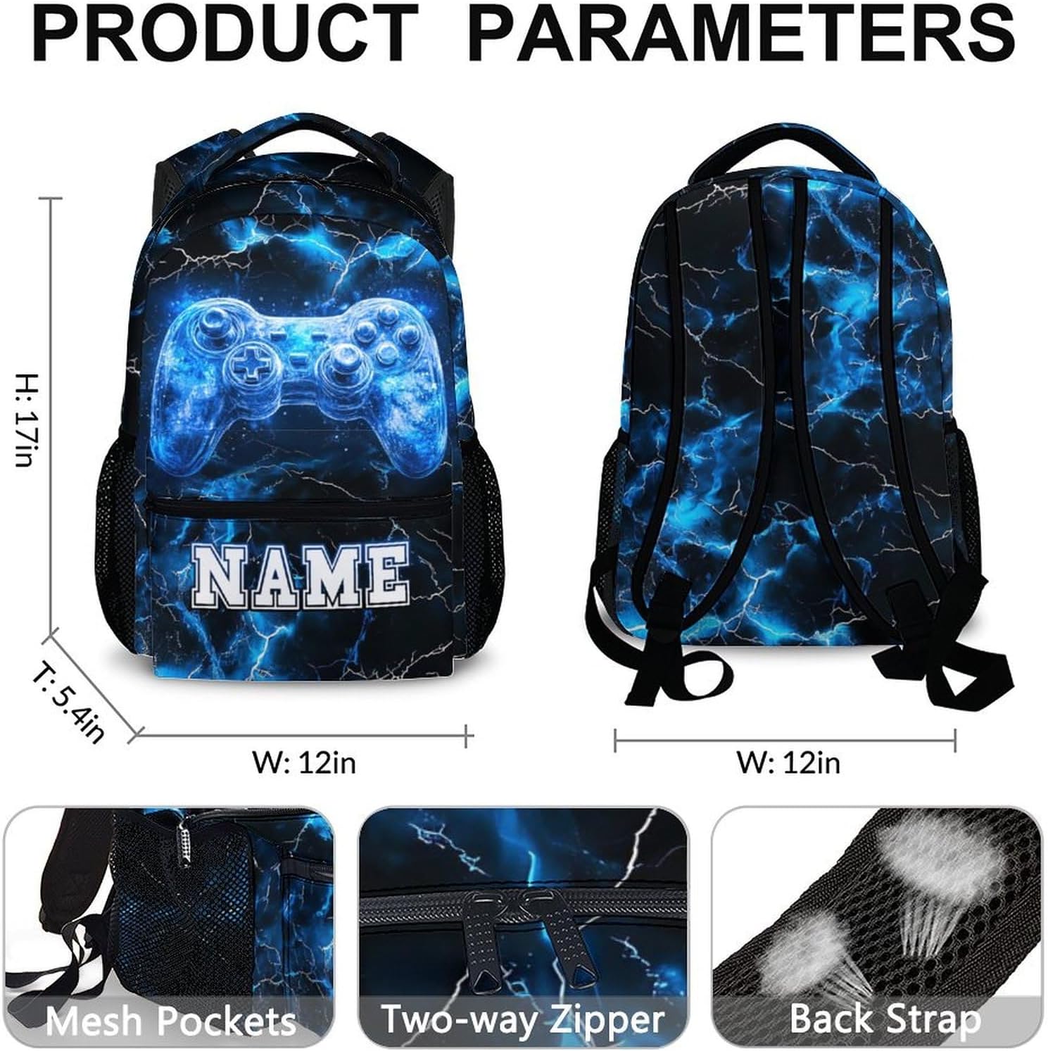 Kids Backpack, Custom Gamer Bookbag, 17 Inches Blue Boys Utility Schoolbag for Teen Boys 6-8, Cool