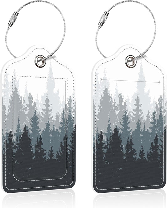Luggage Tags for Suitcase,2 Pack Vintage Forest Luggage Tag,PU Leather Id Label Luggage Tags with Stainless Steel Loop and Privacy Cover for Women Men Teens Travel