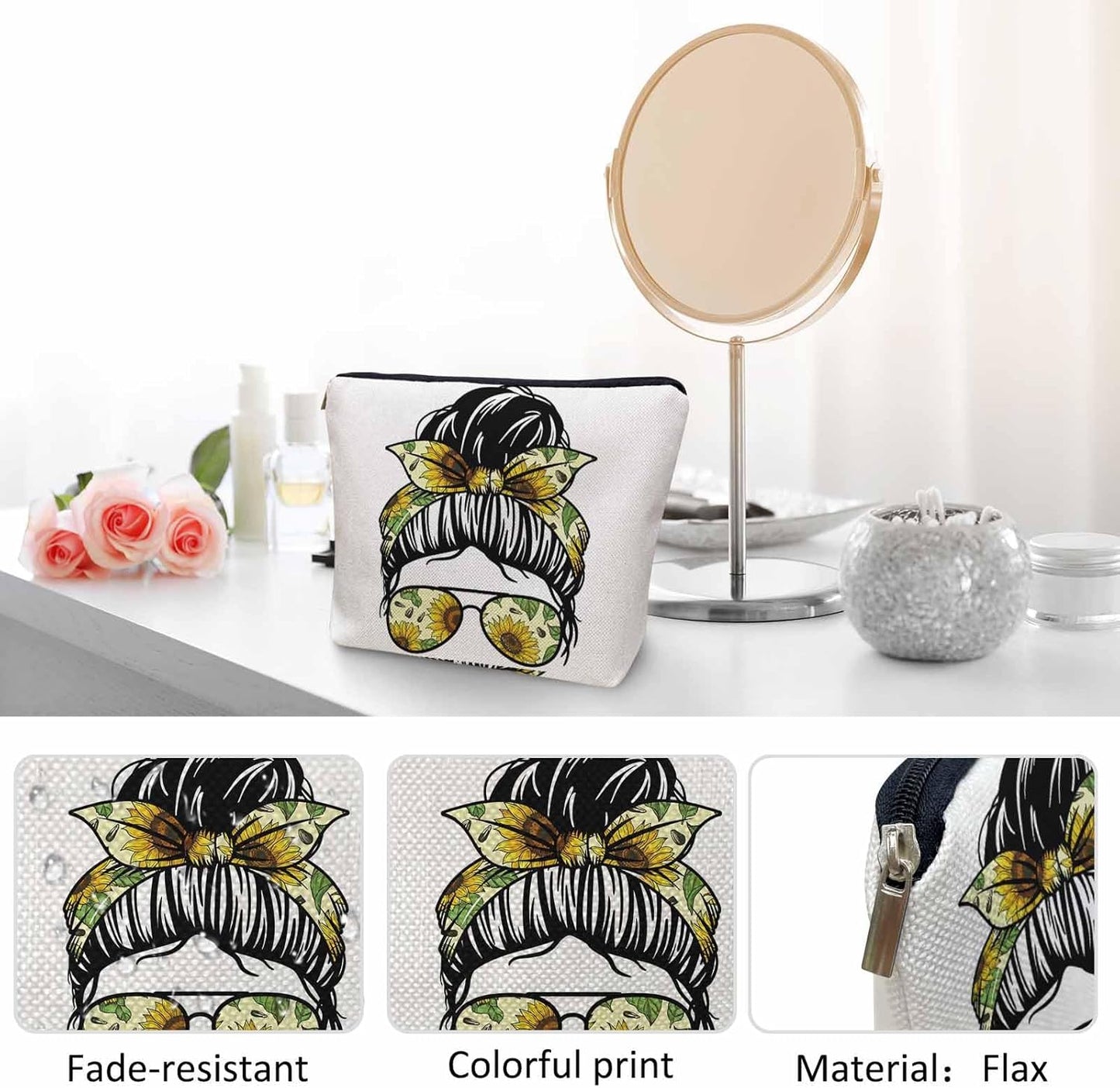 Women Makeup Organizer Bag Sunflower Woman, Messy Bun Woman Sunflowers Glasses Flax Cosmetic Bag Makeup Bags Toiletry Bag Accessories Organizer Travel Bags For Home Bathroom Office Hotel Gym