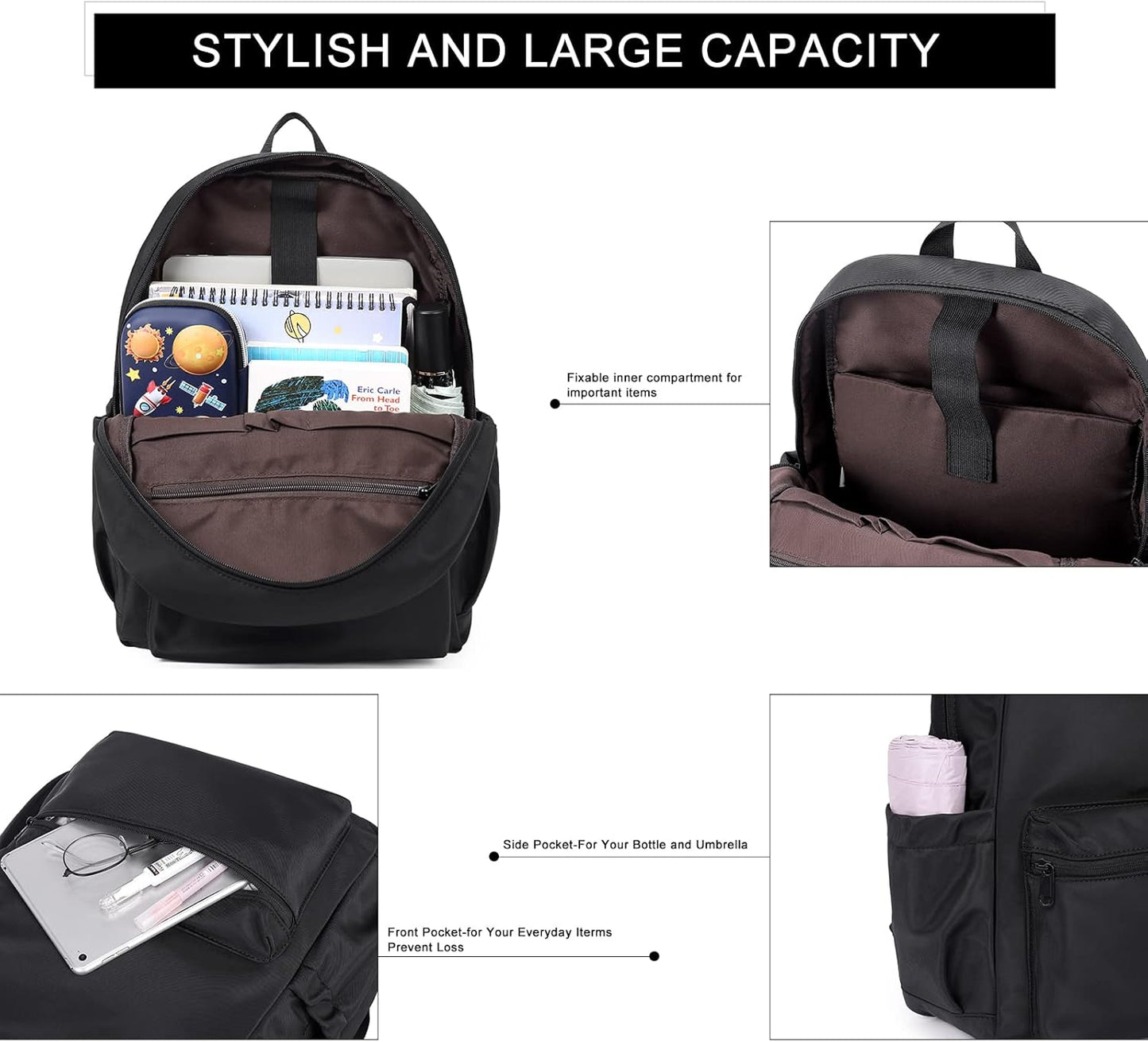 CLUCI Black Backpack for Women Men, Waterproof High School Bookbag, Lightweight Casual Travel Daypack, Classic Basic College Backpack, Middle School Bag for Teen Girls Boys Laptop Backpack