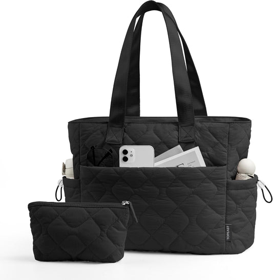 TOPEAST Tote Bag for Women Puffy Tote Travel Bag, Light 15.6" Laptop Work Handbag, Quilted Shoulder Bag Purse for Student Gym