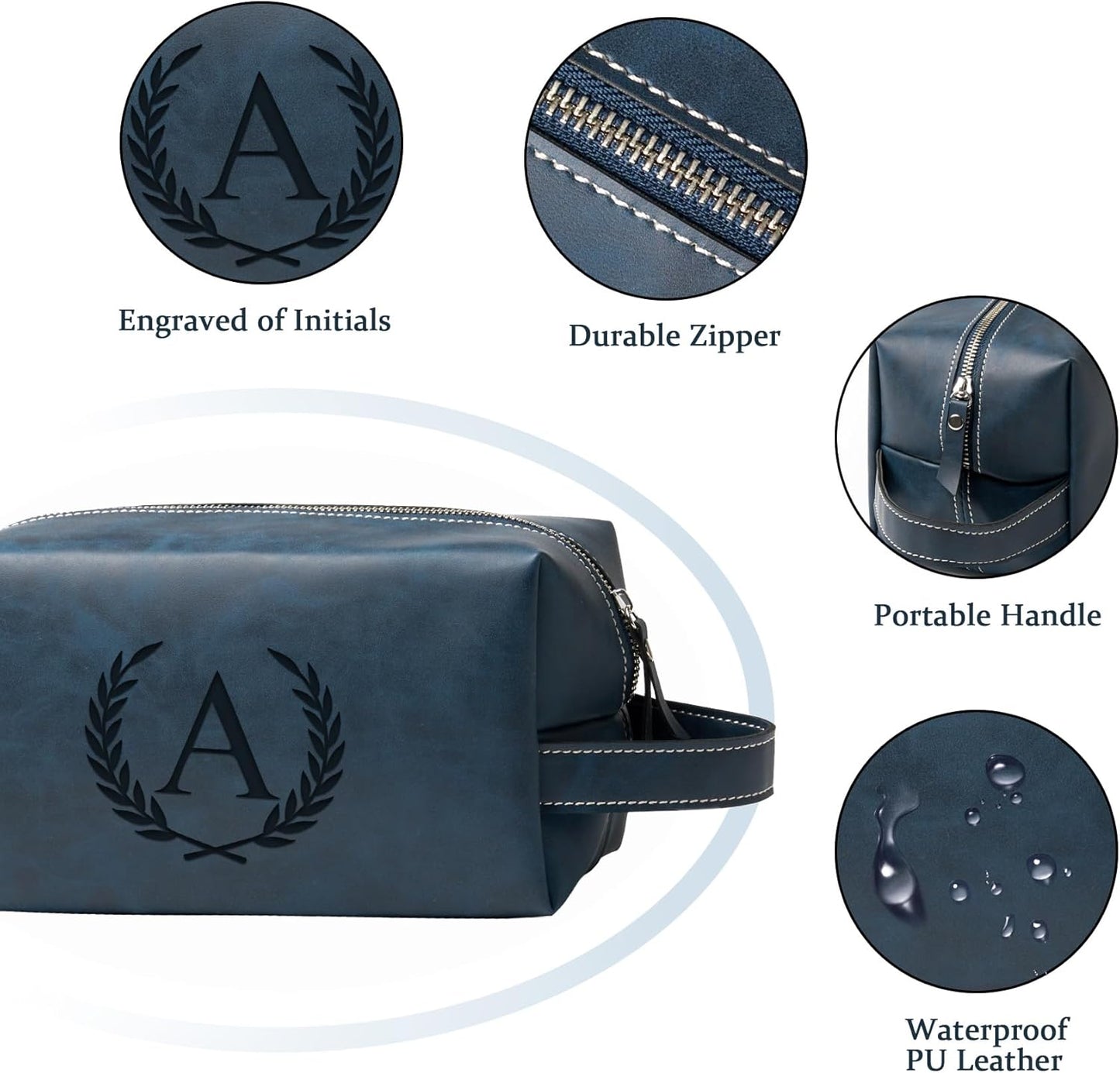 Personalized Gifts Travel Toiletry Bag for Men Engraved Initial PU Leather Waterproof Shaving Bag for Toiletries Accessories Fathers Day Birthday Gift for Men Dad Husband Son, Dark Blue I