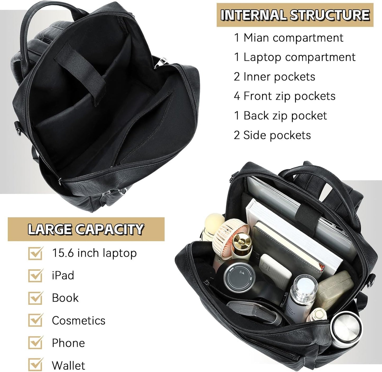 Vegan Leather Laptop Backpack for Women 15.6 Inch Work Backpack Purse for Travel College
